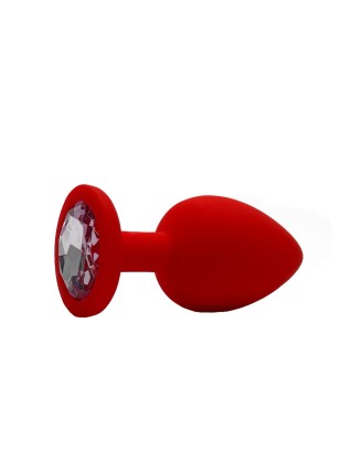 Анальная пробка силикон круг/L, красная со светло-розовым кристаллом, 41 мм