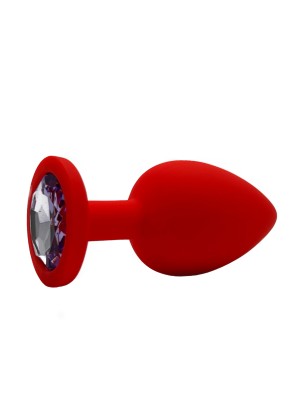 Анальная пробка силикон круг/L, красная со светло-фиолетовым кристаллом, 41 мм