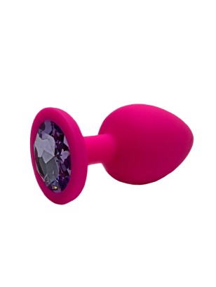 Анальная пробка силикон круг/S, розовая со светло-фиолетовым кристаллом, 27 мм