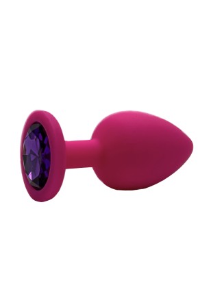 Анальная пробка силикон круг/L, розовая с фиолетовым кристаллом, 41 мм