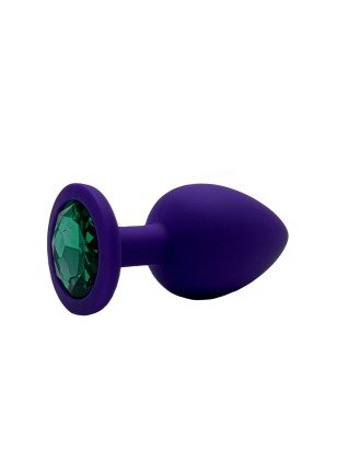 Анальная пробка силикон круг/M, фиолетовая с зеленым кристаллом, 34 мм