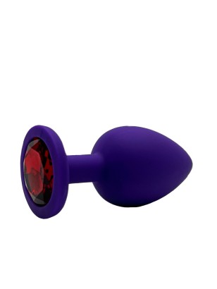 Анальная пробка силикон круг/L, фиолетовая с красным кристаллом, 41 мм