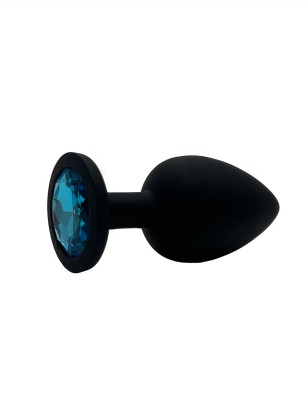 Анальная пробка силикон круг/M, черная с голубым кристаллом, 34 мм