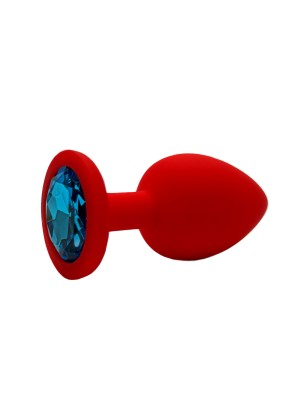 Анальная пробка силикон круг/S, красная с голубым кристаллом, 27 мм