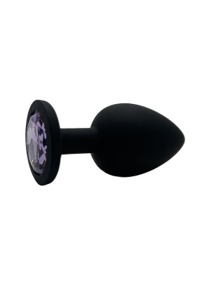 Анальная пробка силикон круг/L, черная со светло-фиолетовым кристаллом, 41 мм