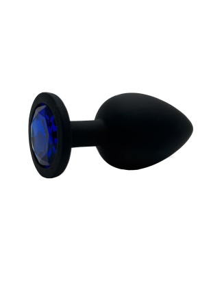 Анальная пробка силикон круг/S, черная с синим кристаллом, 27 мм