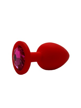 Анальная пробка силикон круг/M, красная с розовым кристаллом, 34 мм