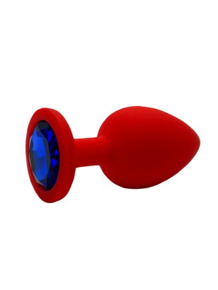 Анальная пробка силикон круг/M, красная с синим кристаллом, 34 мм