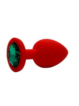 Анальная пробка силикон круг/L, красная с зеленым кристаллом, 41 мм